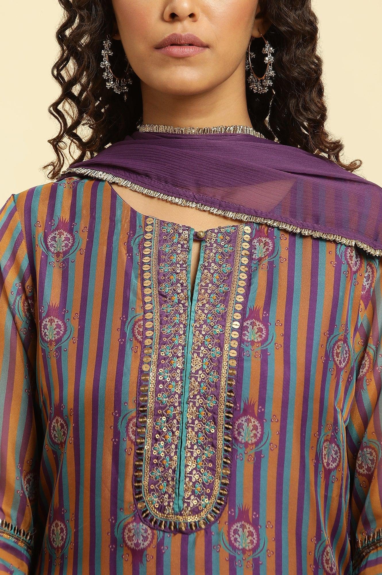 Purple Layered Suzani Printed Kurta, Tights And Dupatta Set - Image 2