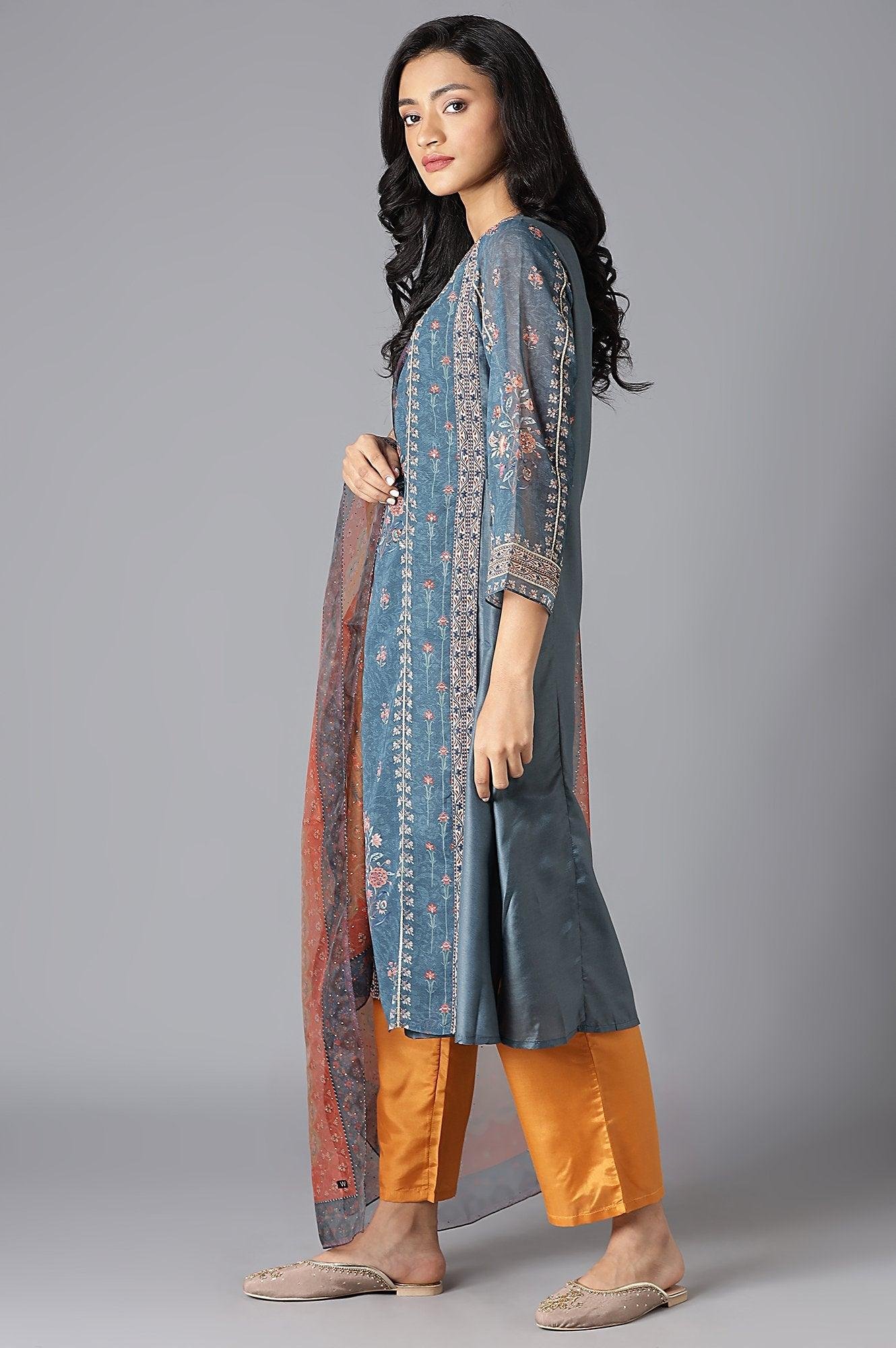 Teal Mock Layer kurta, Orange Parallel Pants And Dupatta Set - Image 4