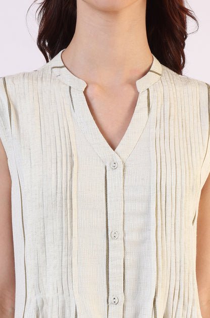 Off -White Striped Cotton Blend Flared Western Dress - Image 5